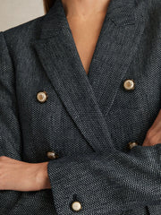 Linen-Cotton Double-Breasted Blazer in Navy