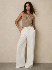 Petite Linen Wide Leg Trousers in White