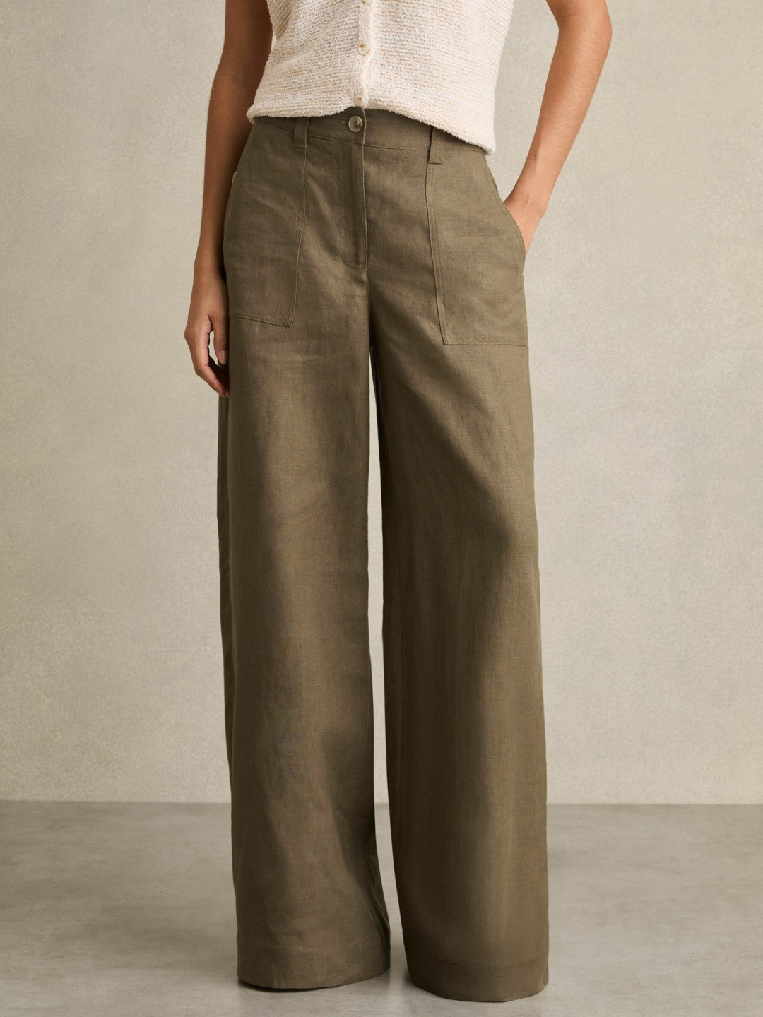 Linen Wide Leg Trousers in Khaki