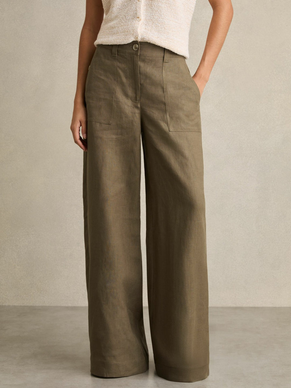 Linen Wide Leg Trousers in Khaki