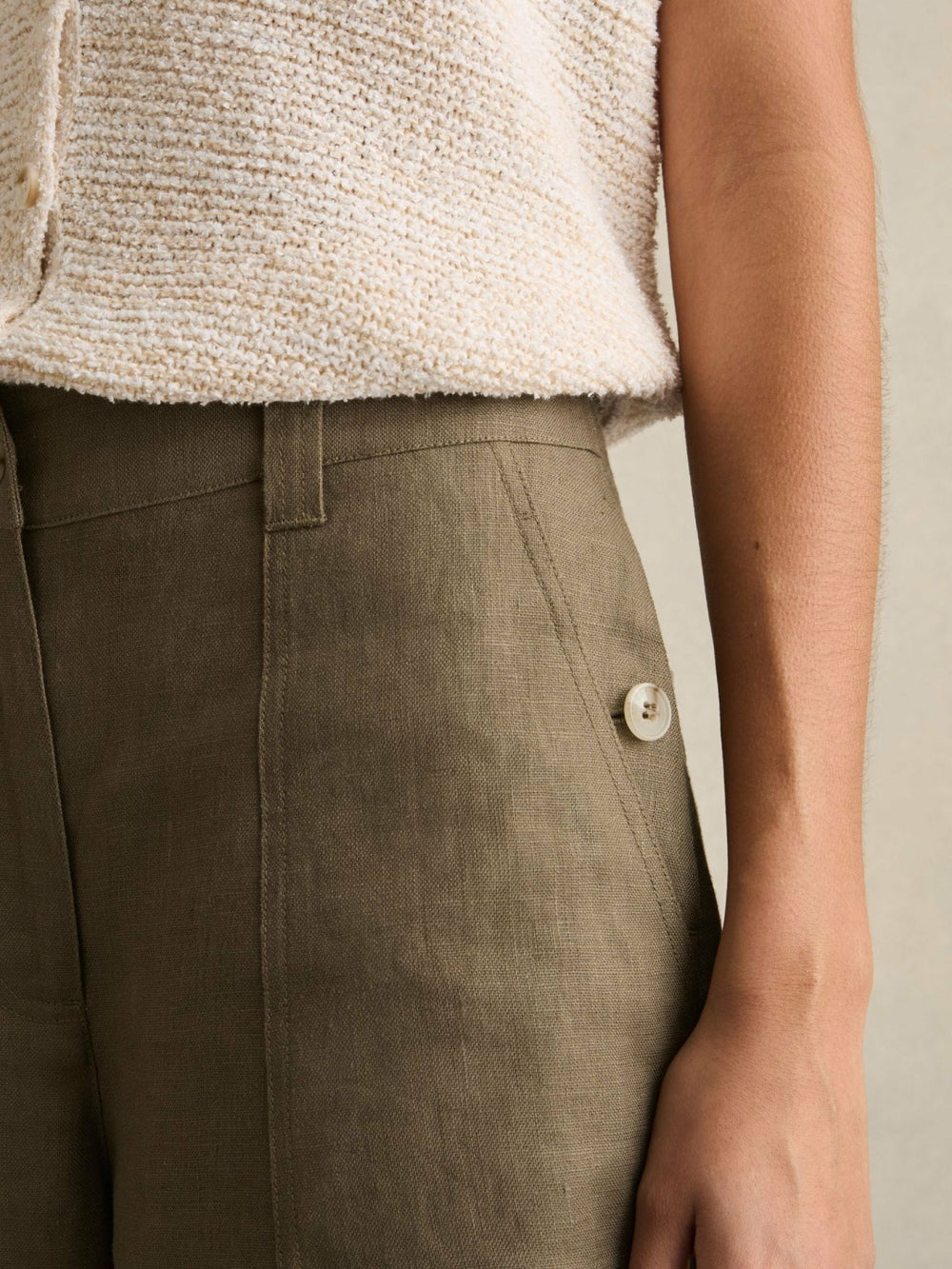 Petite Linen Wide Leg Trousers in Khaki