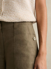 Petite Linen Wide Leg Trousers in Khaki