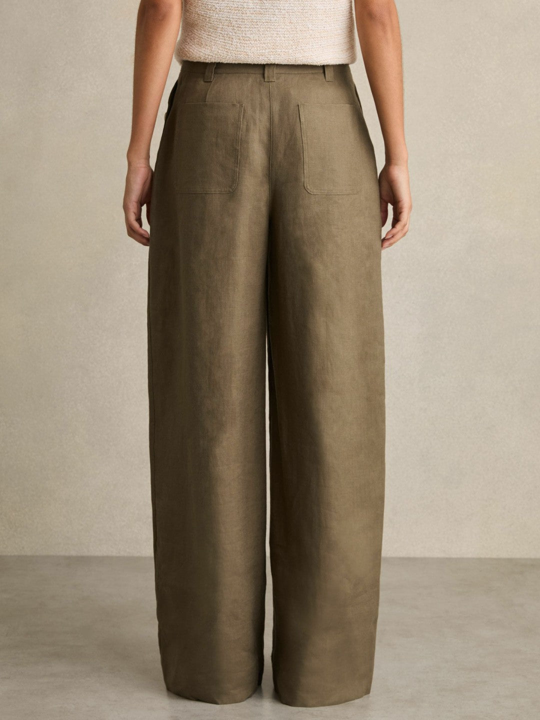 Petite Linen Wide Leg Trousers in Khaki