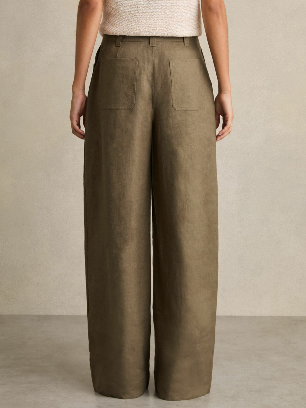 Petite Linen Wide Leg Trousers in Khaki