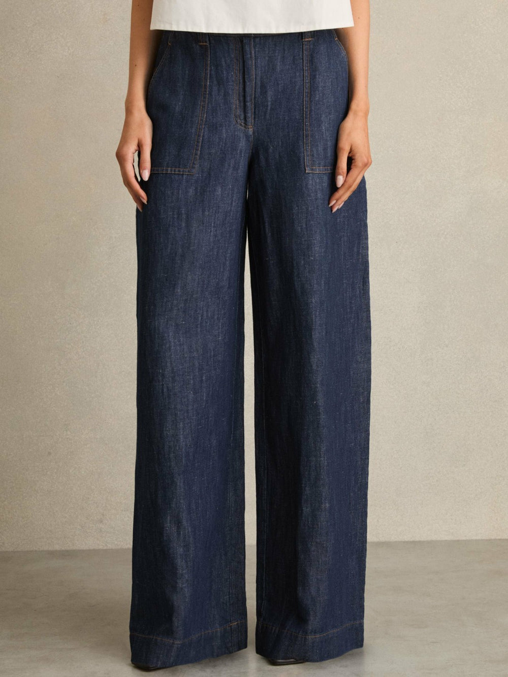 Petite Linen Wide Leg Trousers in Indigo