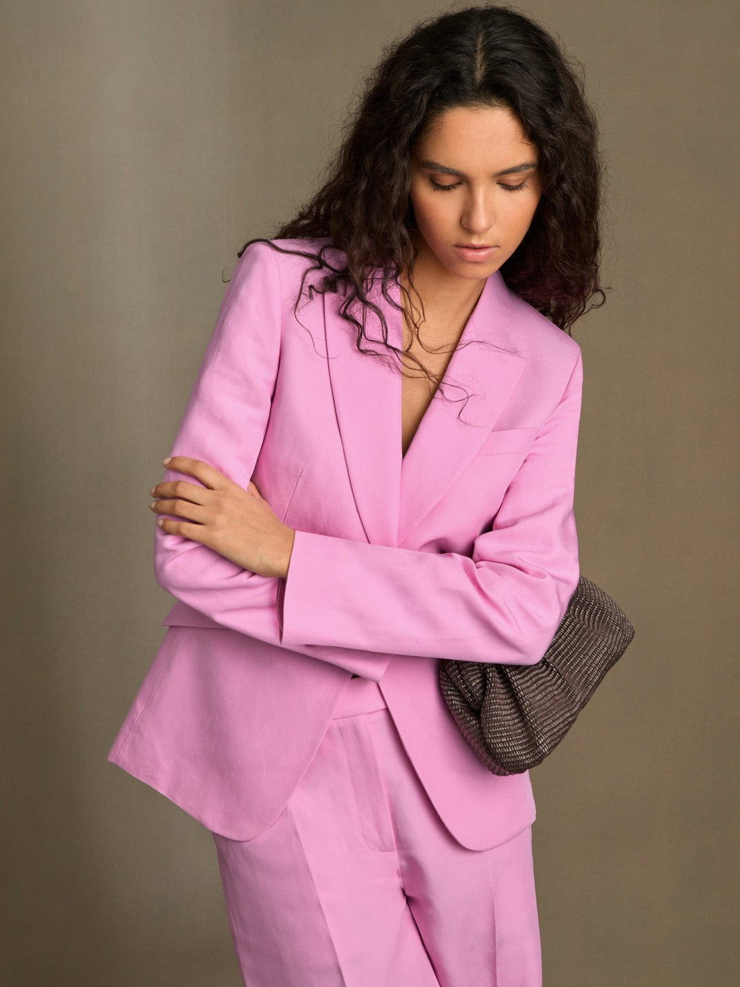Single Breasted Suit Jacket With Linen in Pink