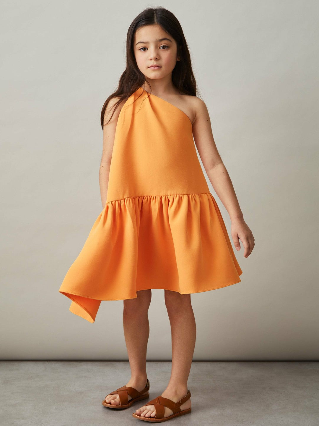 9-13 yrs One-Shoulder Tiered Dress in Orange