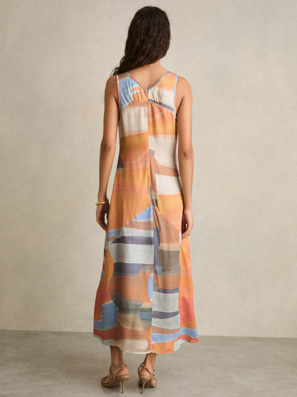 Sunset Print Sleeveless Slip Dress in Coral