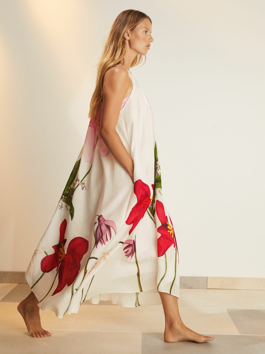 NYBG Floral Print Maxi Dress With Linen in Ivory