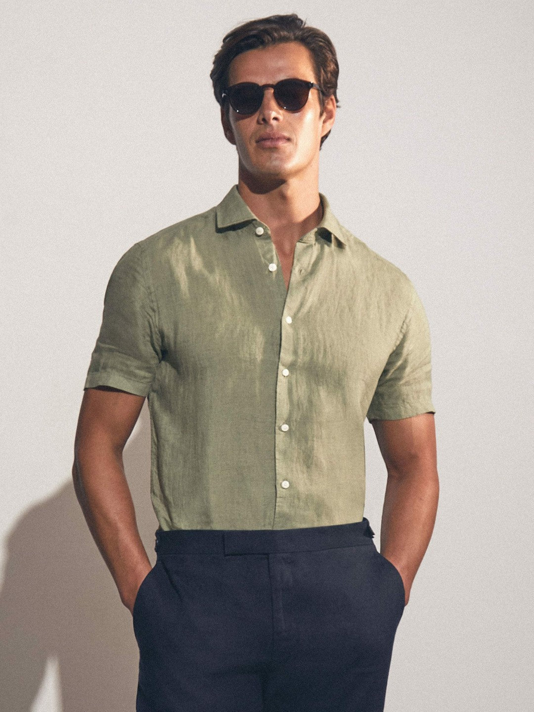 Slim Fit Linen Button-Through Shirt in Thyme Green