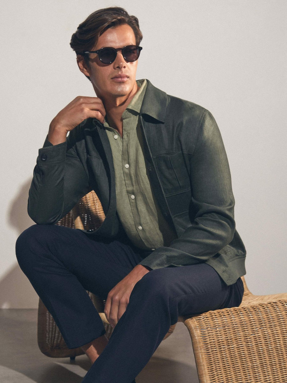 Slim Fit Linen Button-Through Shirt in Thyme Green