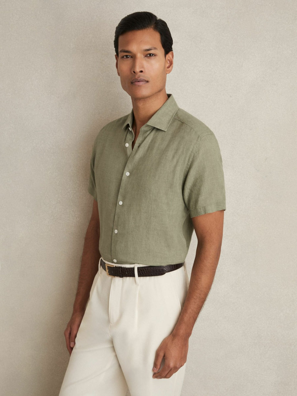 Slim Fit Linen Button-Through Shirt in Thyme Green