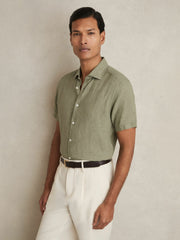 Slim Fit Linen Button-Through Shirt in Thyme Green