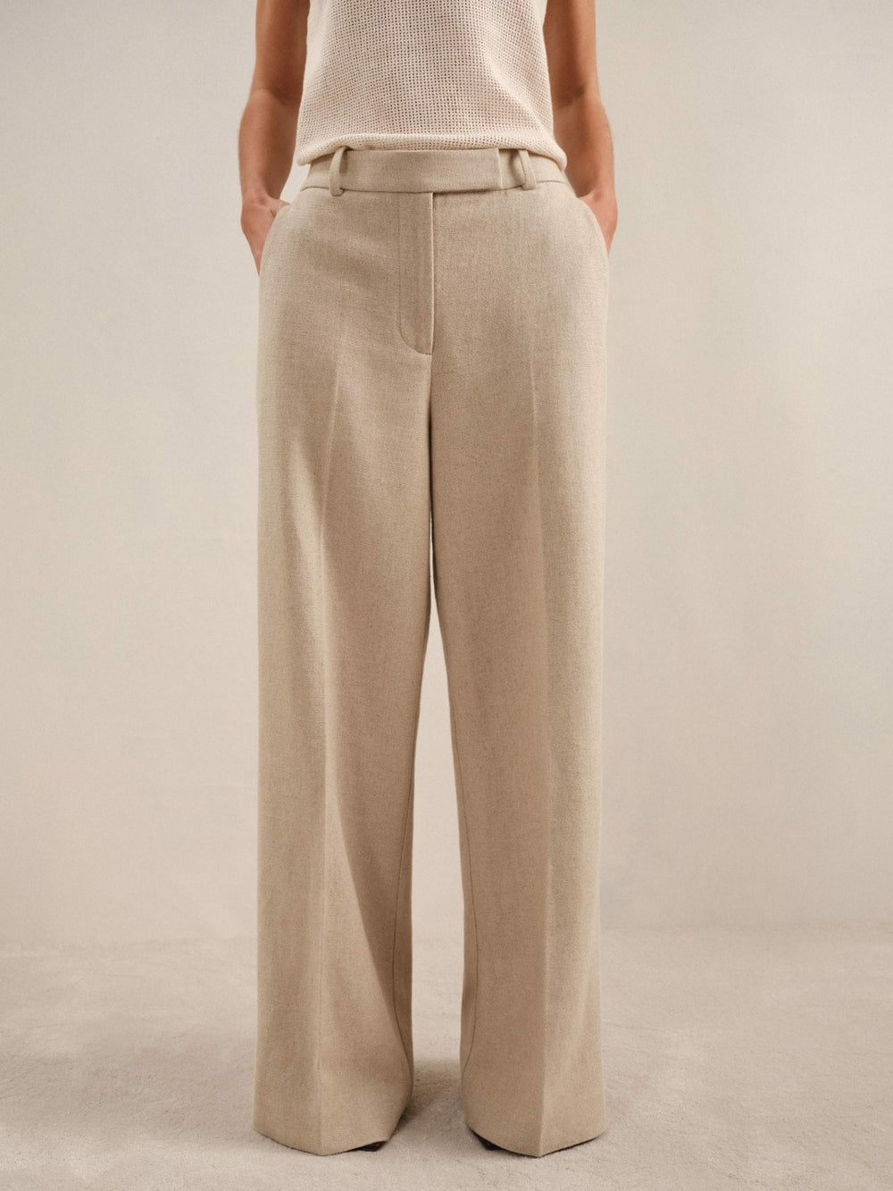 Linen-Blend Wide-Leg Trousers in Neutral