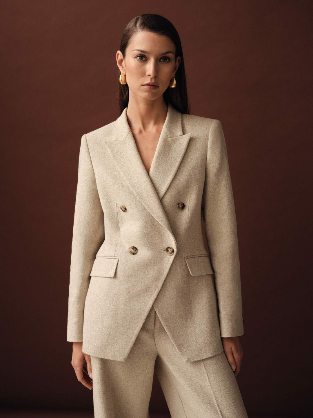 Linen-Blend Double-Breasted Suit Jacket in Neutral