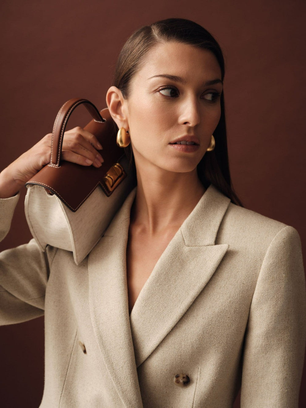 Linen-Blend Double-Breasted Suit Jacket in Neutral