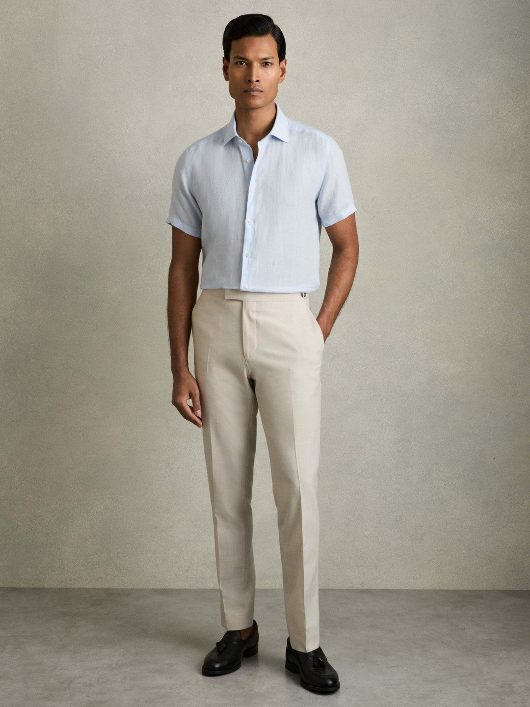 Slim Fit Linen Button-Through Shirt in Pale Blue