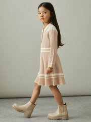 13-14 yrs Rib-Knit Pointelle Flared Dress in Pale Pink