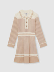 9-13 yrs Rib-Knit Pointelle Flared Dress in Pale Pink
