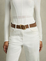 Leather Curved-Edge Buckle Belt in Taupe