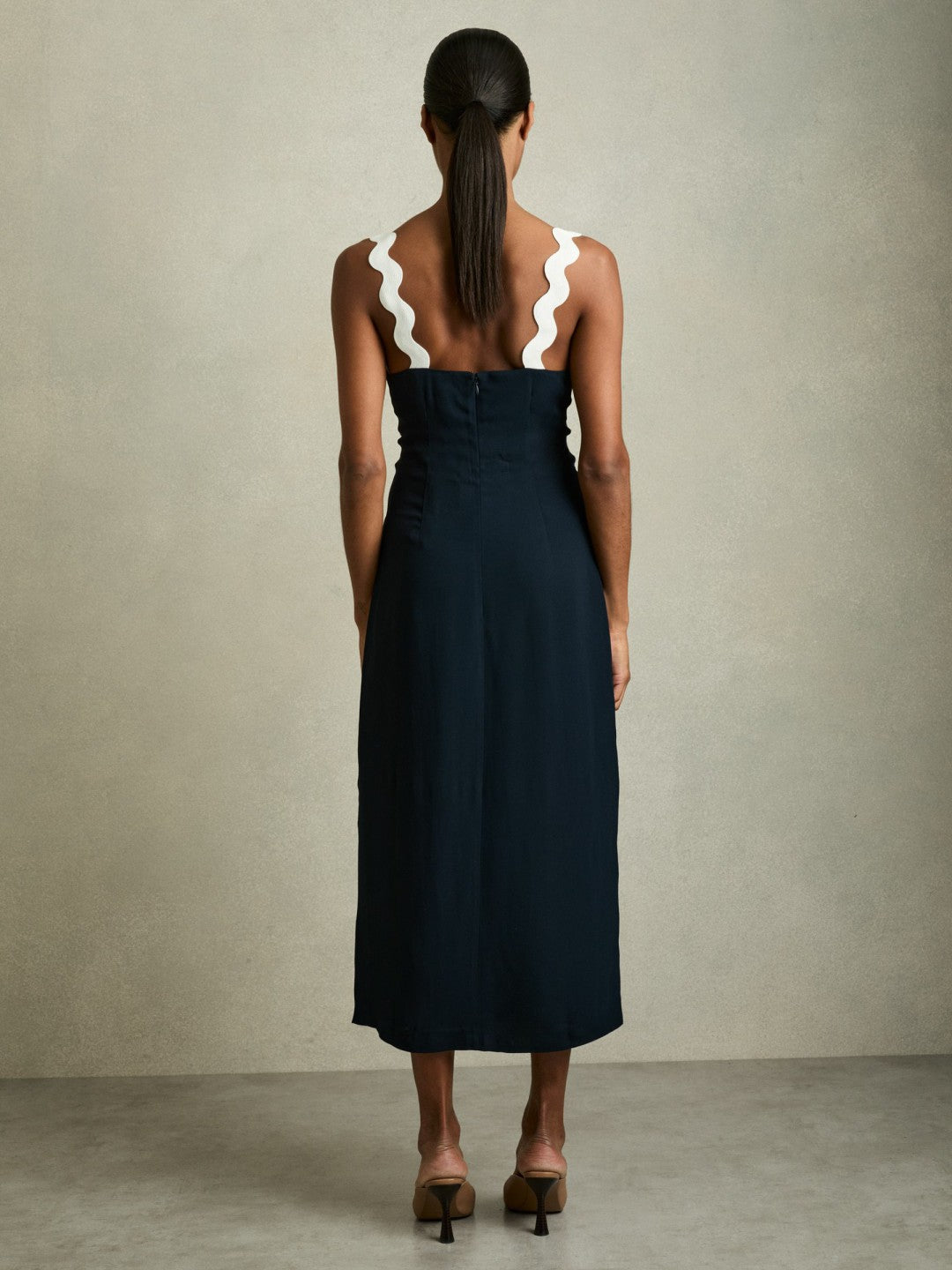 Wave-Trim Crepe Midi Dress in Navy