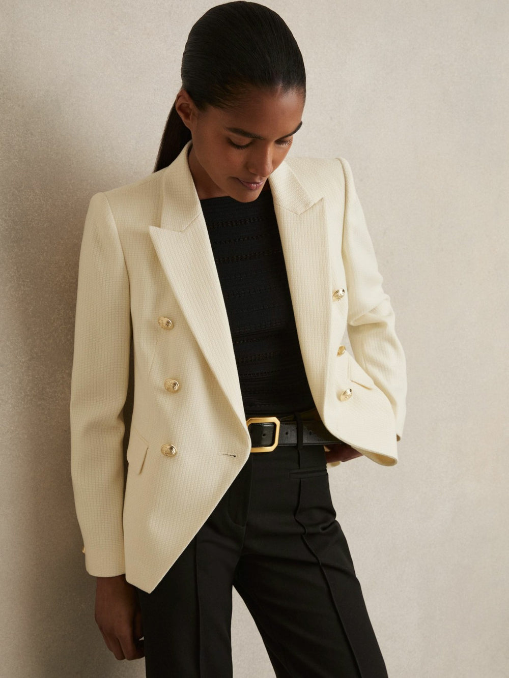 Tailored Fit Textured Double Breasted Blazer in White