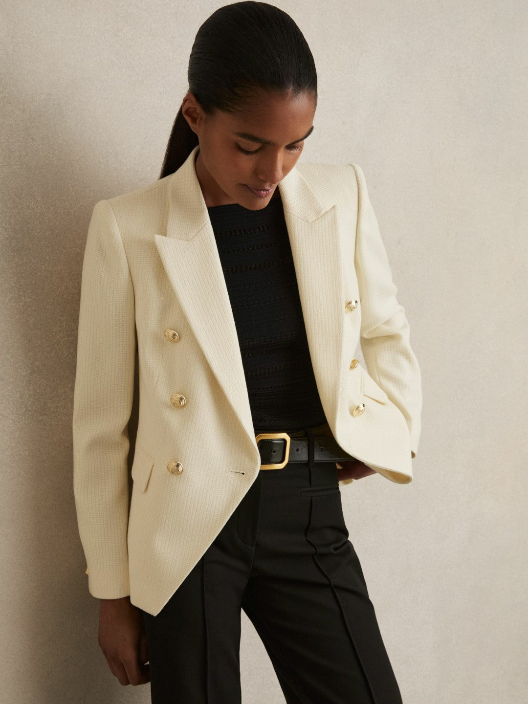 Tailored Fit Textured Double Breasted Blazer in White