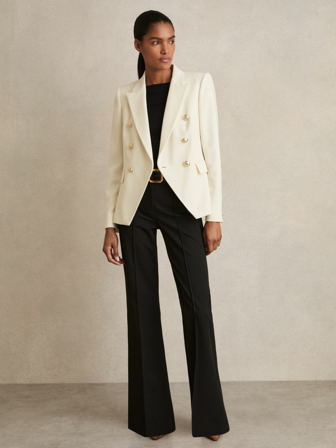 Petite Tailored Fit Textured Double Breasted Blazer in White