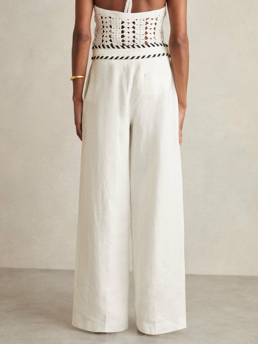 Linen Wide-Leg Whipstitch Trousers in White