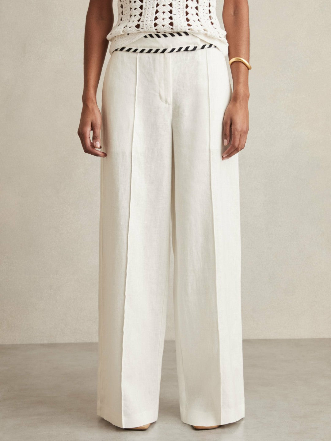 Petite Linen Wide-Leg Whipstitch Trousers in White