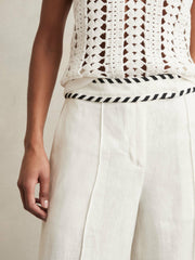 Petite Linen Wide-Leg Whipstitch Trousers in White