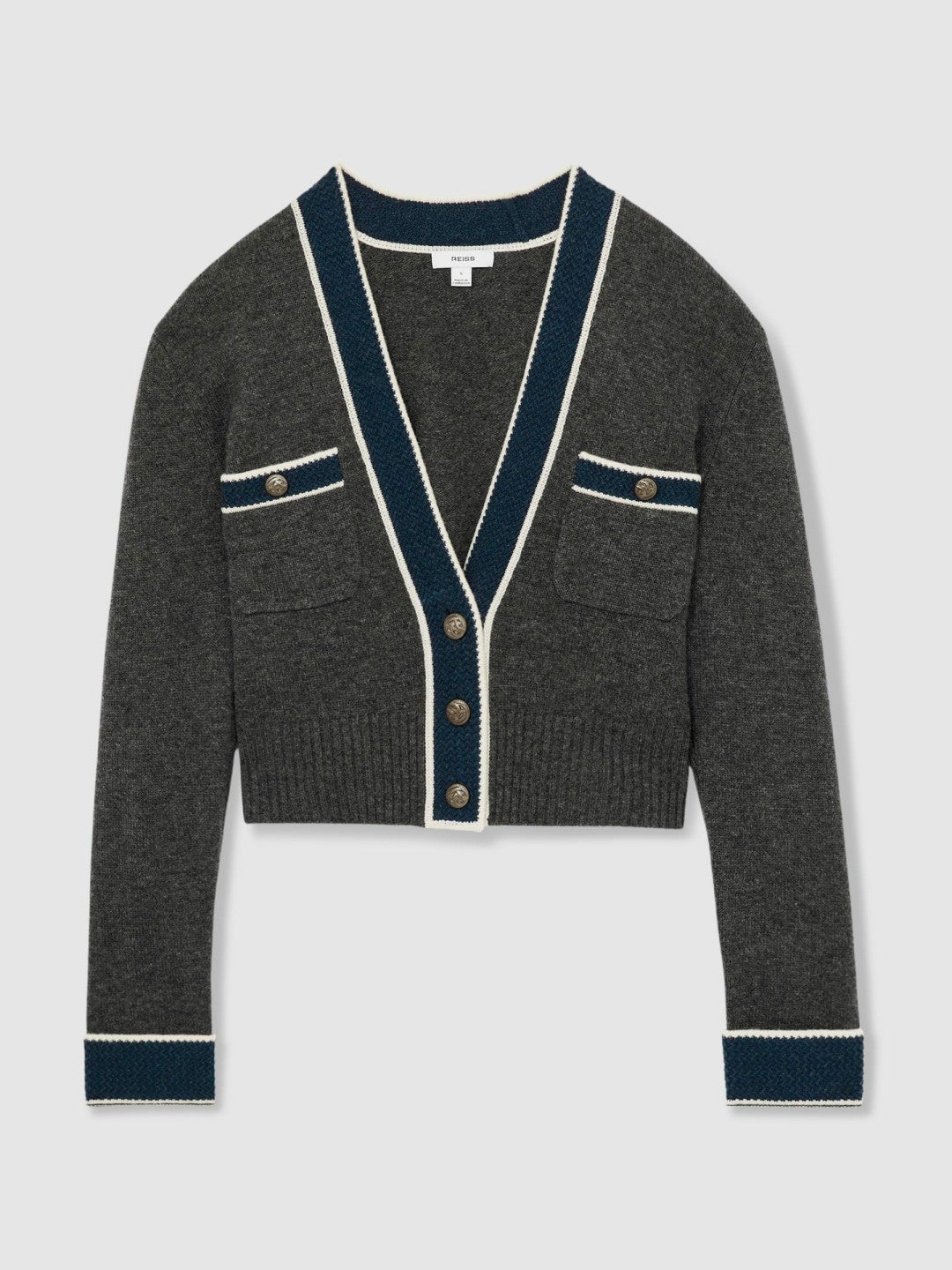Wool-Cashmere Tipped V-Neck Cardigan in Charcoal