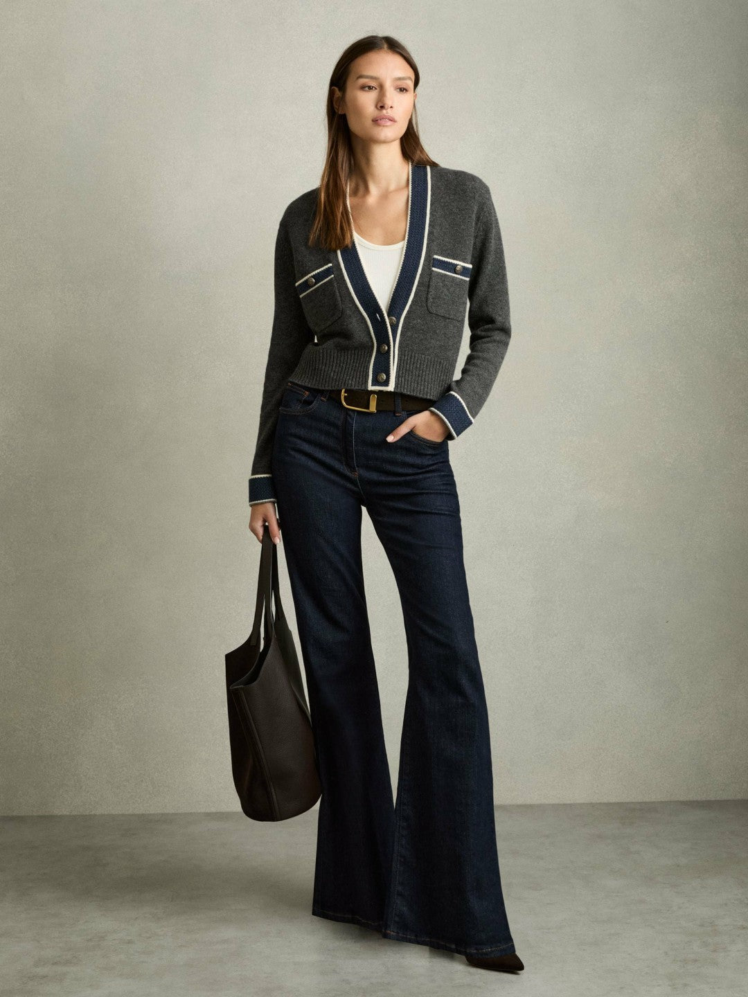 Wool-Cashmere Tipped V-Neck Cardigan in Charcoal