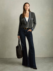 Wool-Cashmere Tipped V-Neck Cardigan in Charcoal