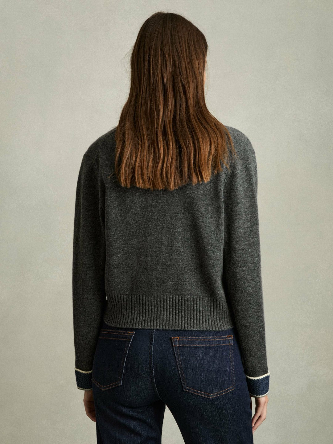 Wool-Cashmere Tipped V-Neck Cardigan in Charcoal