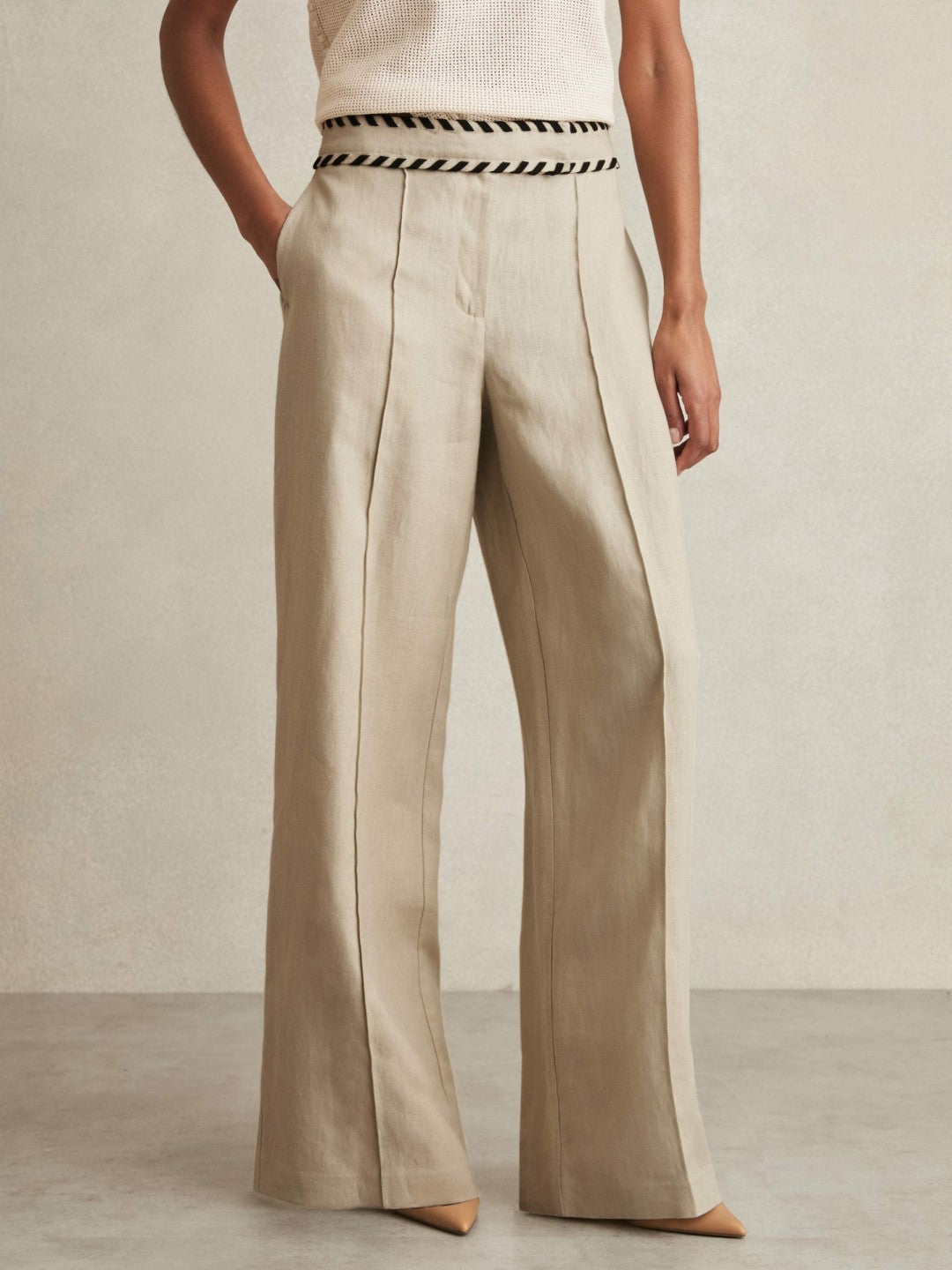 Petite Linen Wide-Leg Whipstitch Trousers in Neutral