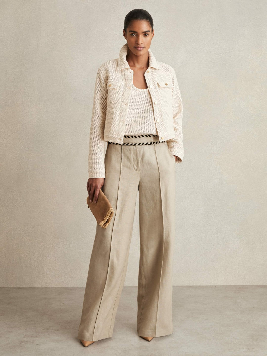 Petite Linen Wide-Leg Whipstitch Trousers in Neutral
