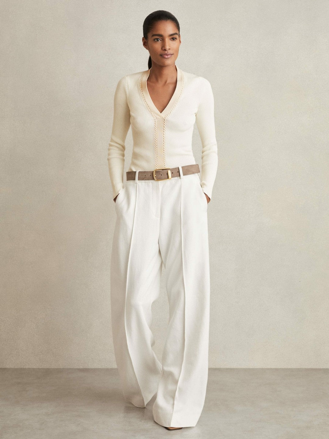 Craft-Stitch Rib-Knit Top in Ivory