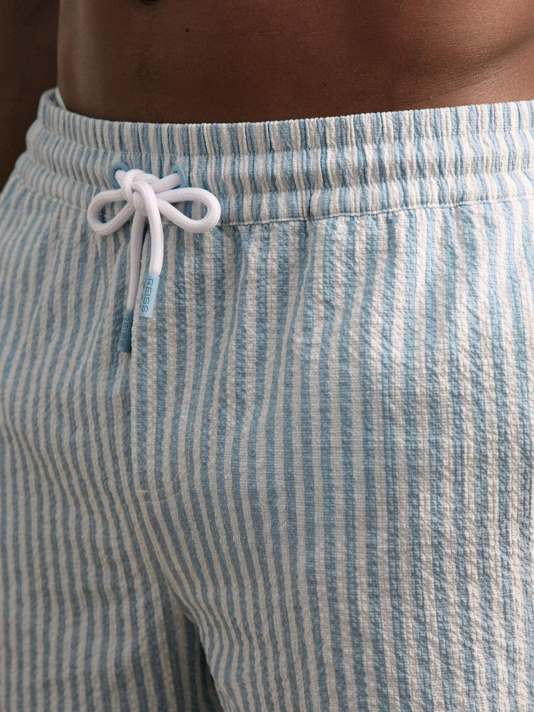 Seersucker Stripe Swim Shorts in Soft Blue/White