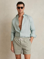 Seersucker Stripe Swim Shorts in Sage/White