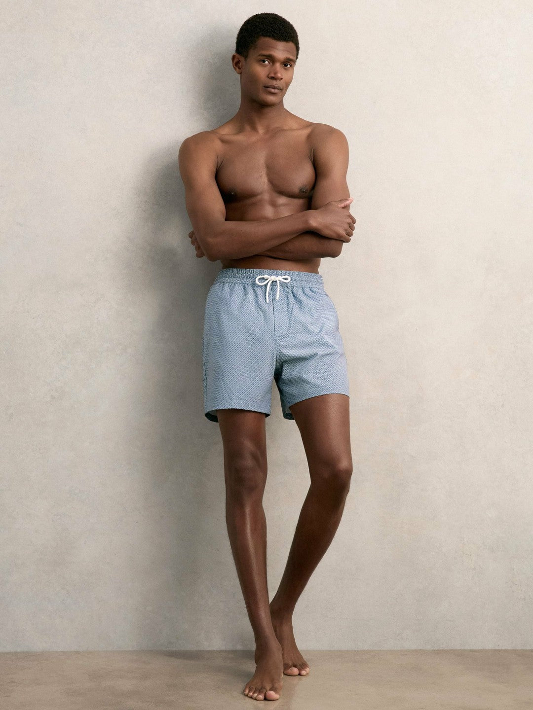 Drawstring Geometric Print Swim Shorts in Airforce Blue