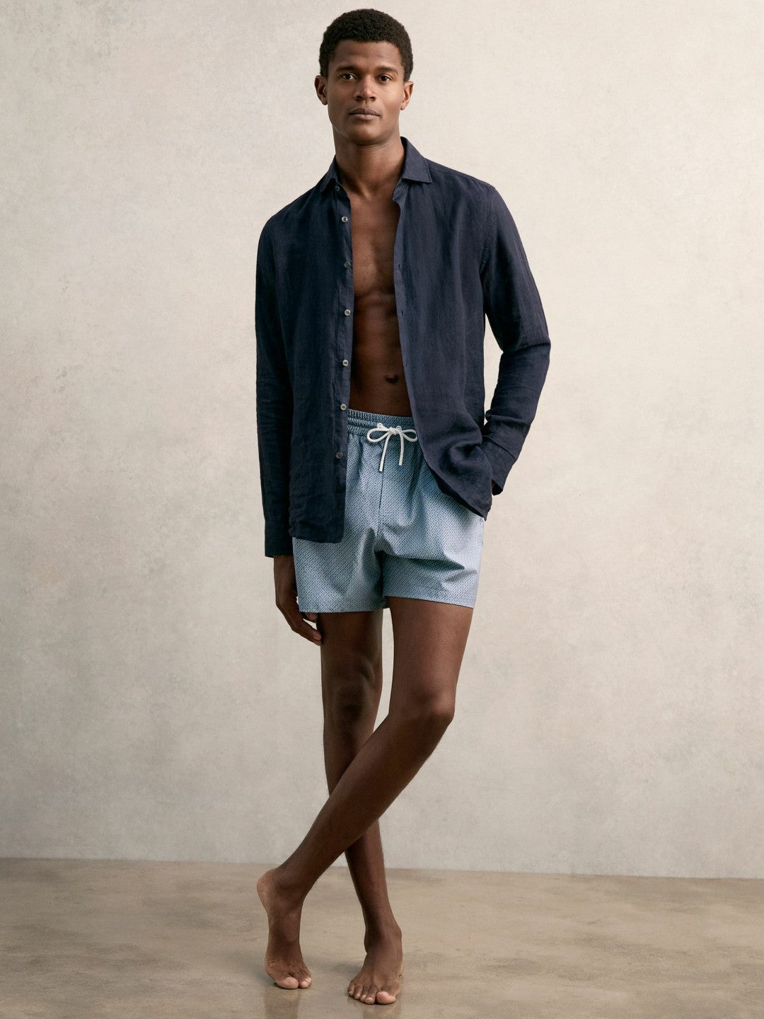 Drawstring Geometric Print Swim Shorts in Airforce Blue