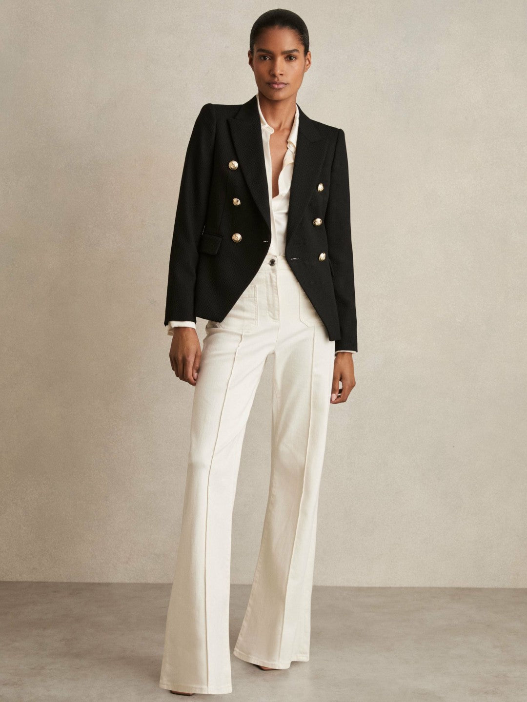 Petite Tailored Fit Textured Double Breasted Blazer in Black