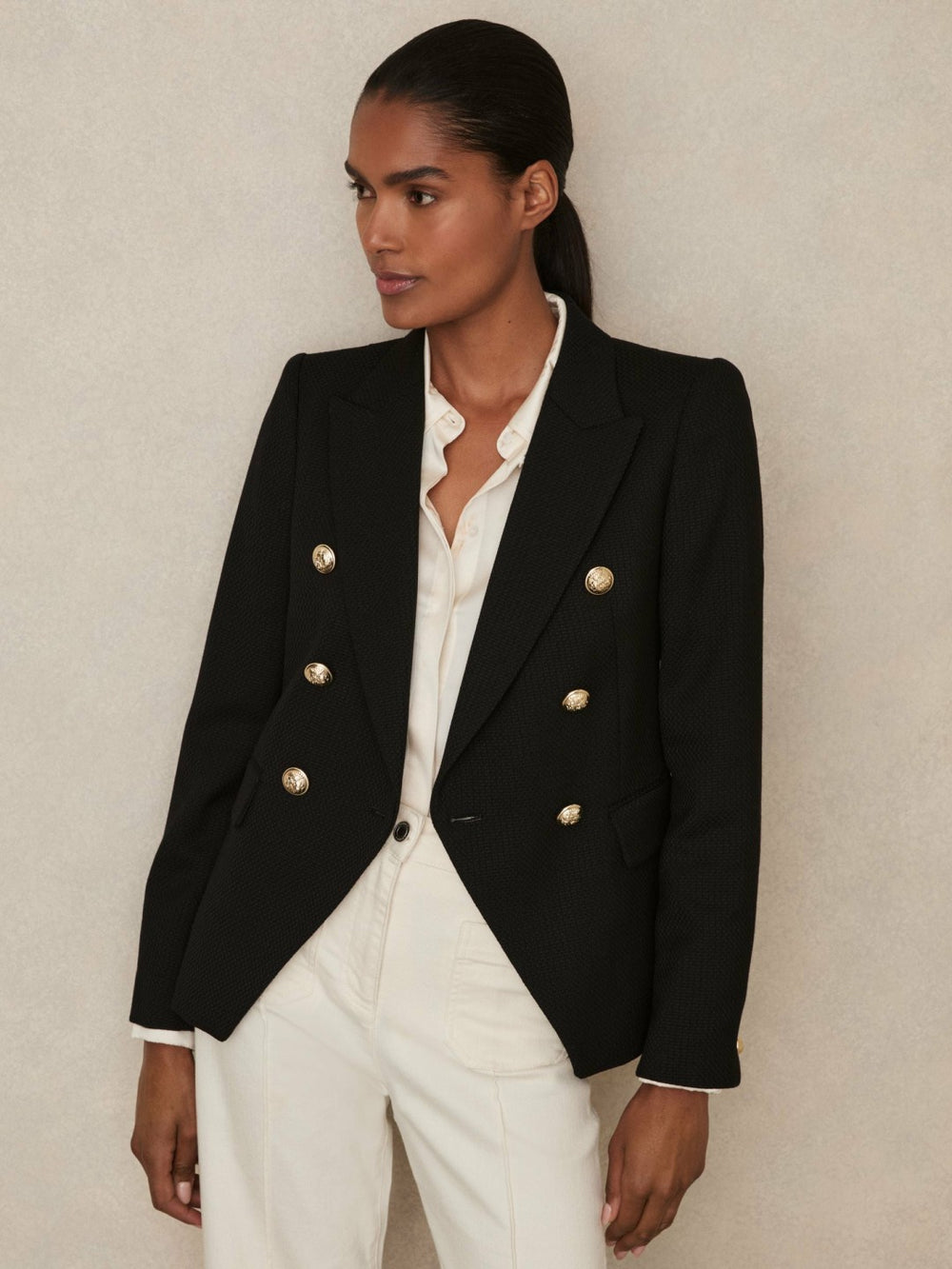 Petite Tailored Fit Textured Double Breasted Blazer in Black