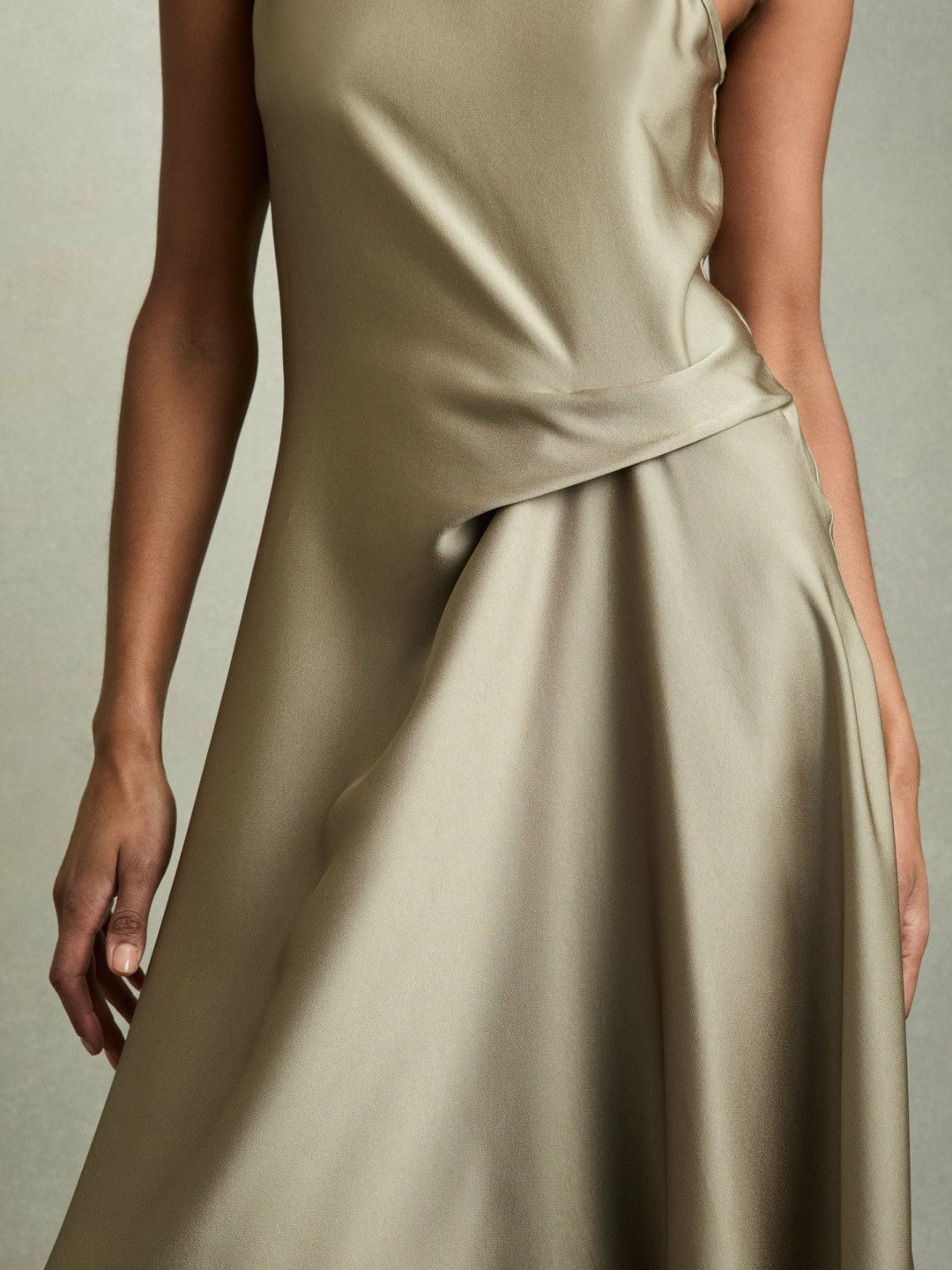 Satin Drape Tuck Midi Dress in Khaki
