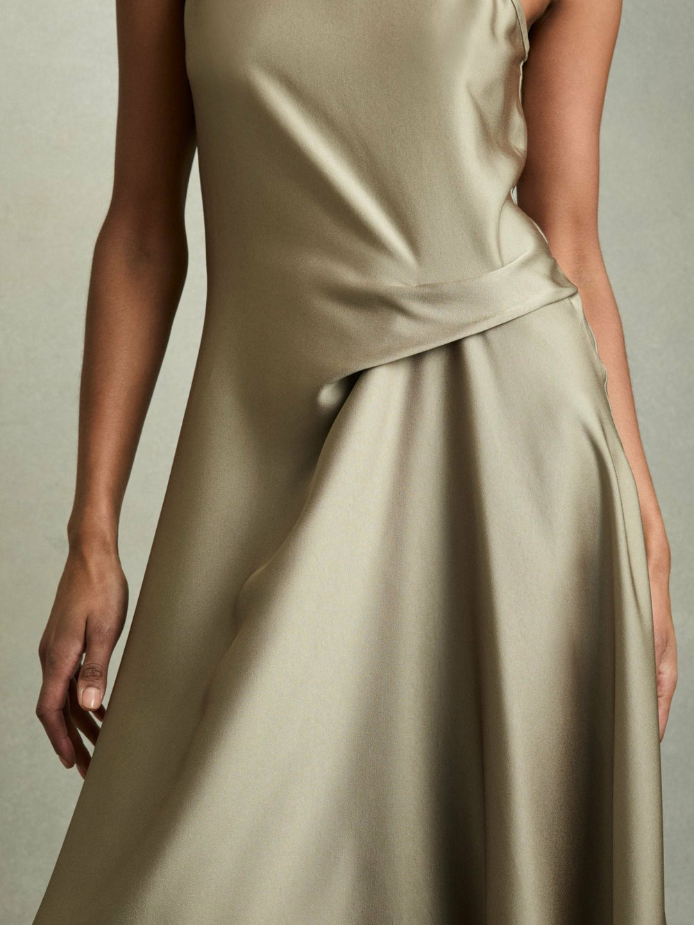 Satin Drape Tuck Midi Dress in Khaki