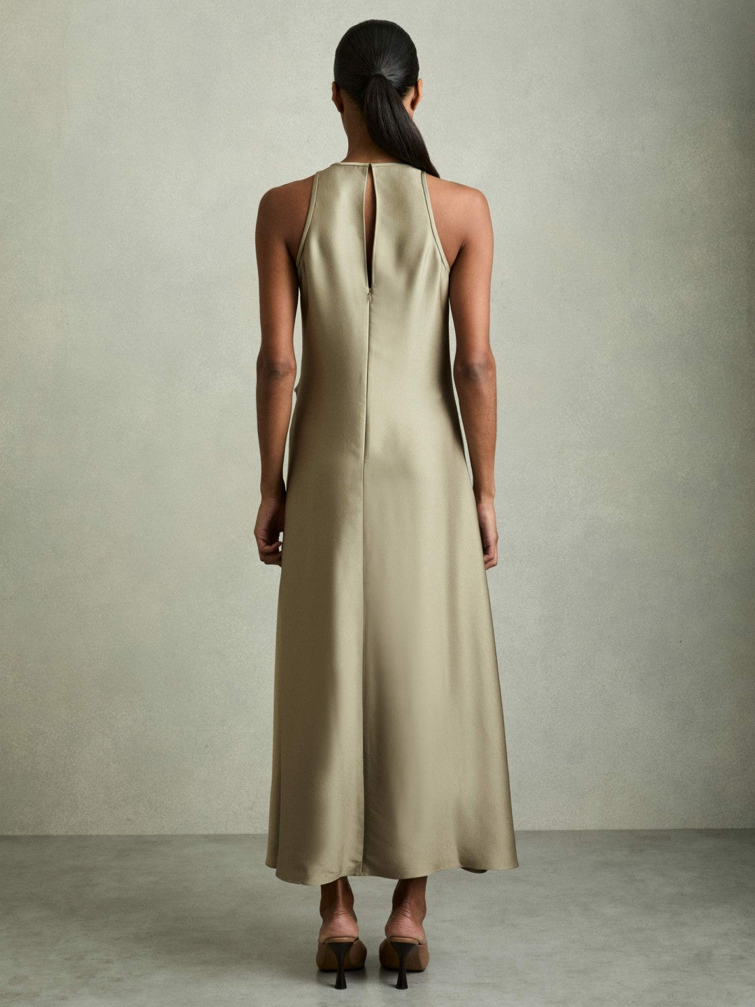 Satin Drape Tuck Midi Dress in Khaki
