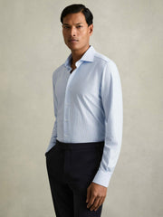 Cotton-Blend Cutaway-Collar Striped Shirt in Blue Stripe