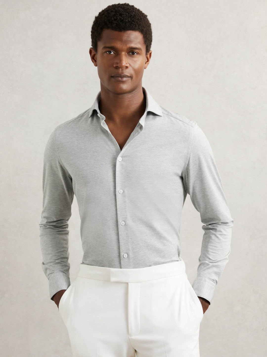 Cotton-Blend Jersey Cutaway-Collar Shirt in Grey Melange