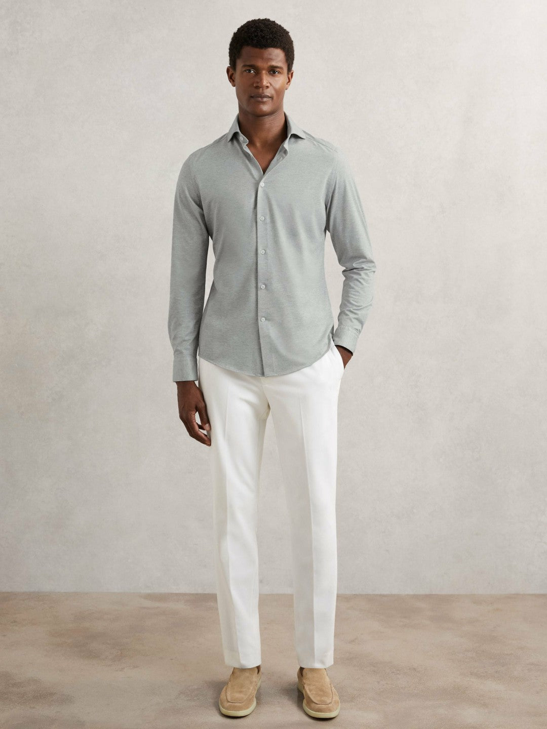 Cotton-Blend Jersey Cutaway-Collar Shirt in Grey Melange